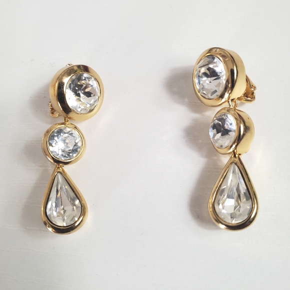 Dior Jewelry - Vintage Christian Dior Water Tear Drop Gold Crystal Clip Earrings EUC
